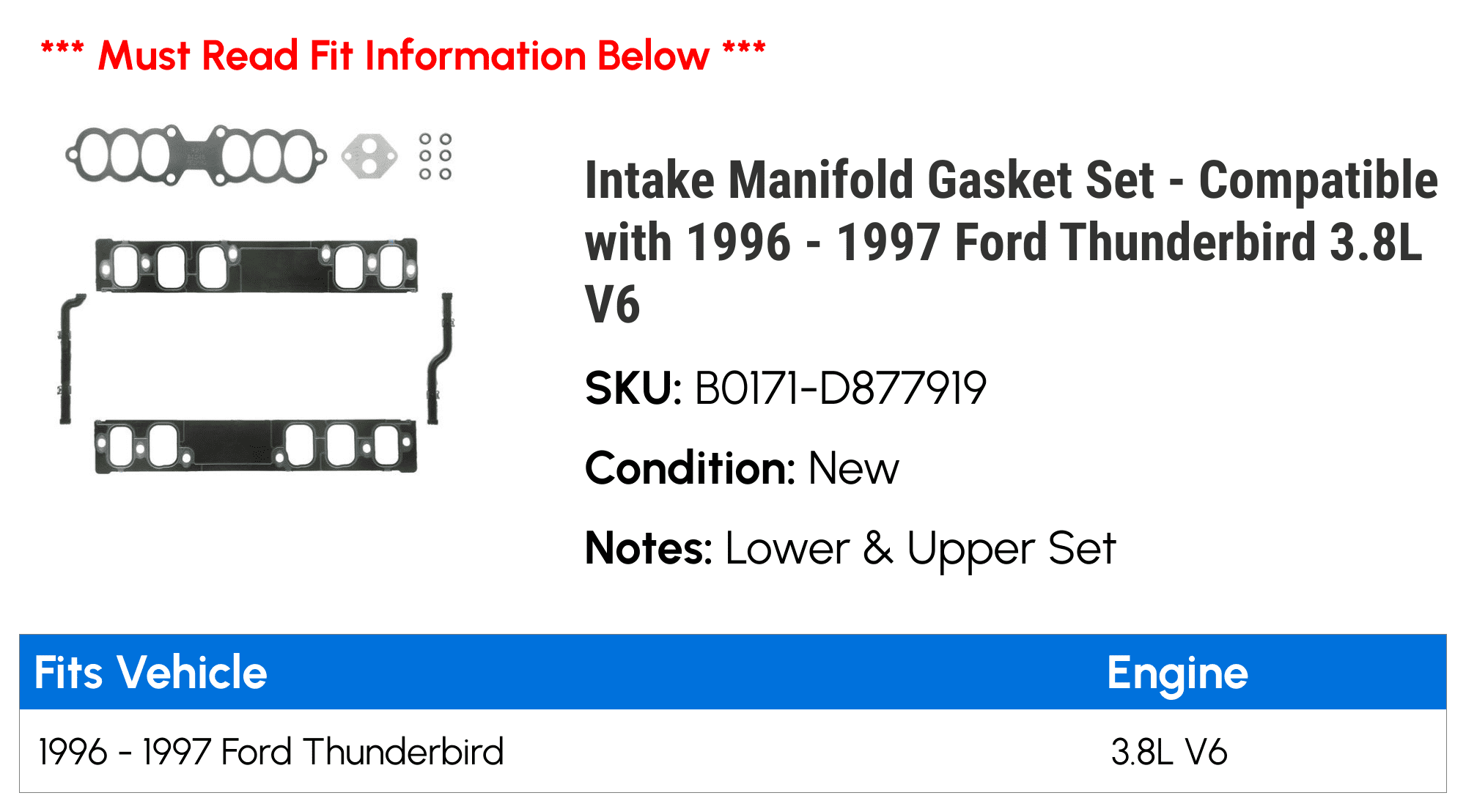 Intake Manifold Gasket Set - Compatible with 1996 - 1997 Ford Thunderbird 3.8L V6