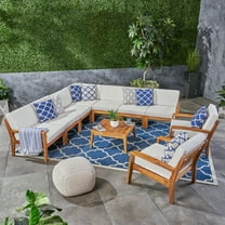 Wilcox Outdoor 10 Piece Sectional Sofa Set with Cushions, Teak, Beige