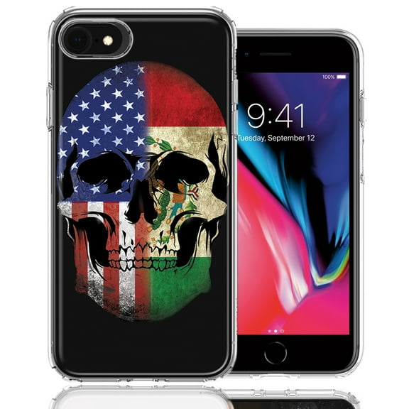 MUNDAZE For Apple iPhone 7/8/SE US Mexico Flag Skull Double Layer Phone Case Cover
