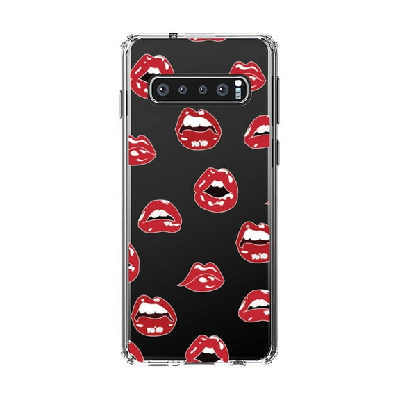 DistinctInk Clear Shockproof Hybrid Case for Samsung Galaxy S10 (6.1" Screen) - TPU Bumper, Acrylic Back, Tempered Glass Screen Protector - Red Lips