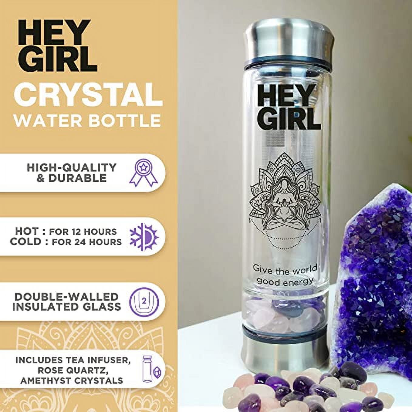 Hey Girl Crystal Water Bottle with Rose Quartz & Amethyst Crystal - Reusable Glass Water Bottles - Tea Infuser Bottle, Clear Glass Travel Mug Tumbler for Women - 350ml