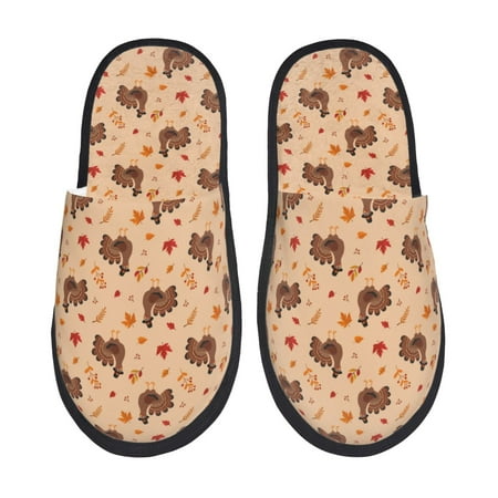 Balery Turkey And Autumn Leaves Slient Indoor Furry Fleece Comfort House Shoes Soft Non-Slip Home Shoes Cotton slippers House Slippers-- Medium