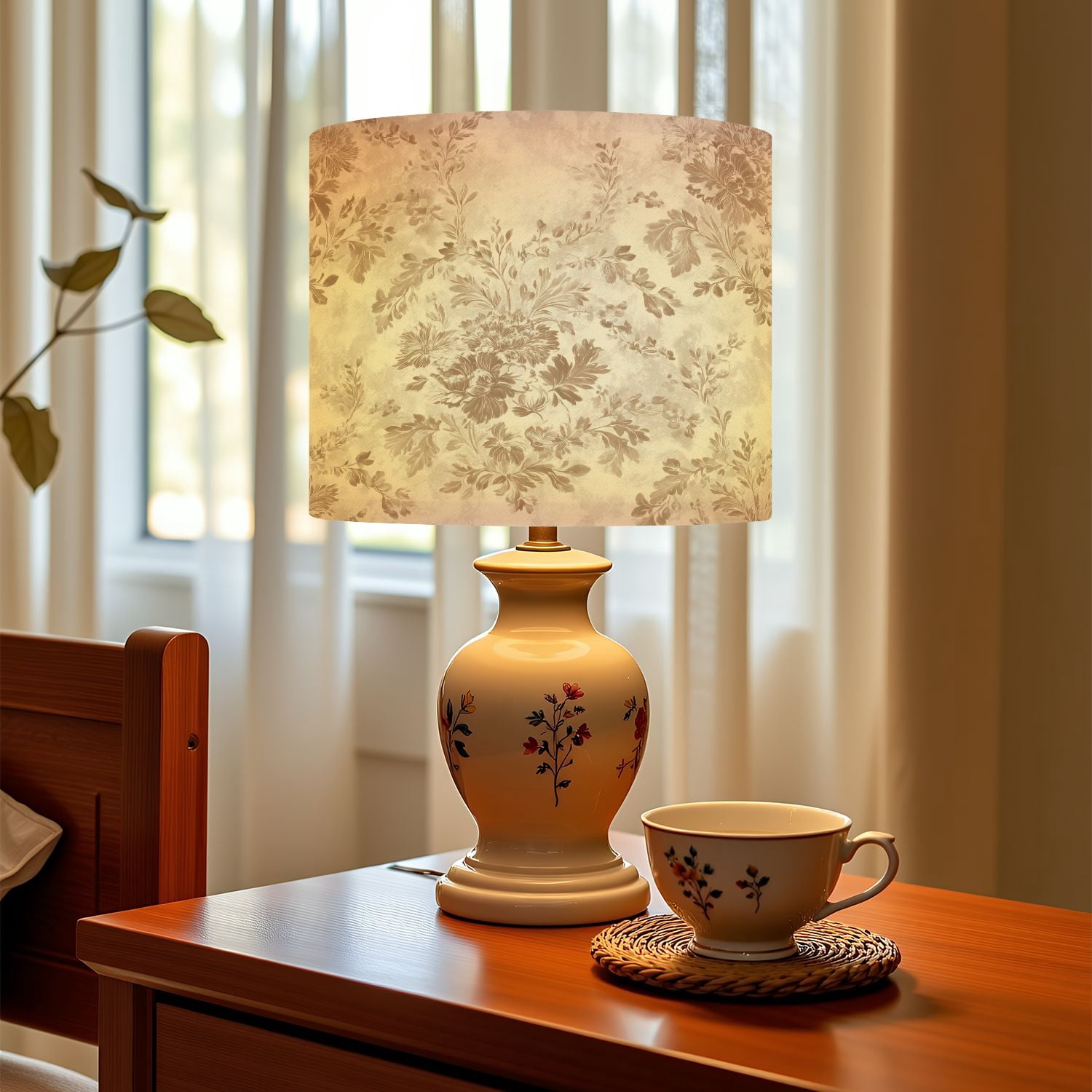 Linen Drum Lamp Shades Vintage Floral Soft Beige Brown Tones 13" x 13" x 10" Lampshade for Table Lamps Floor Lamps Lamp Shade Replacement Easy Assembly Required