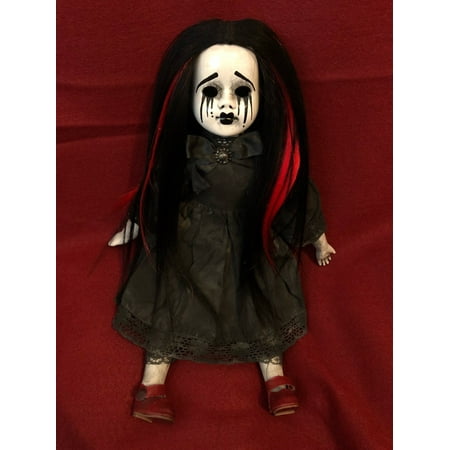 OOAK Sitting Red & Black Hair Mascara Tears Mourning Creepy Horror Doll Art by Christie