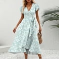 thumbnail image 2 of Women's Summer Floral Print V-Neck Waisted Short Sleeve Dress with Ruffled Hem - Casual A-Line Stretch Dress for Outdoor, Party, or Daily Wear,Mint Green M, 2 of 5