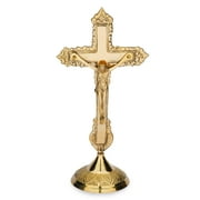 Ajuny Golden Brass Crucifix Decorative Art Cross with Stand Catholic Jesus Tabletop Desk for Home Office Christmas Church Decor Religious Gift - Gold, 9 inch