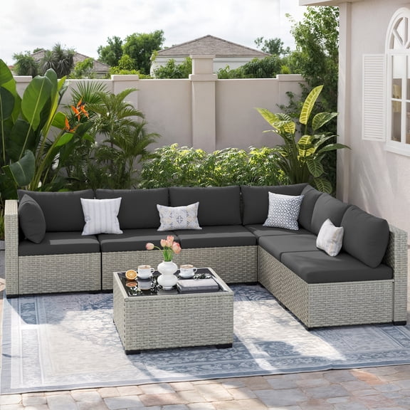 LIVITOPIA 7 Pieces Patio Conversation Set, Outdoor Sectional PE Rattan Wicker Furniture Seat,Dark Gray