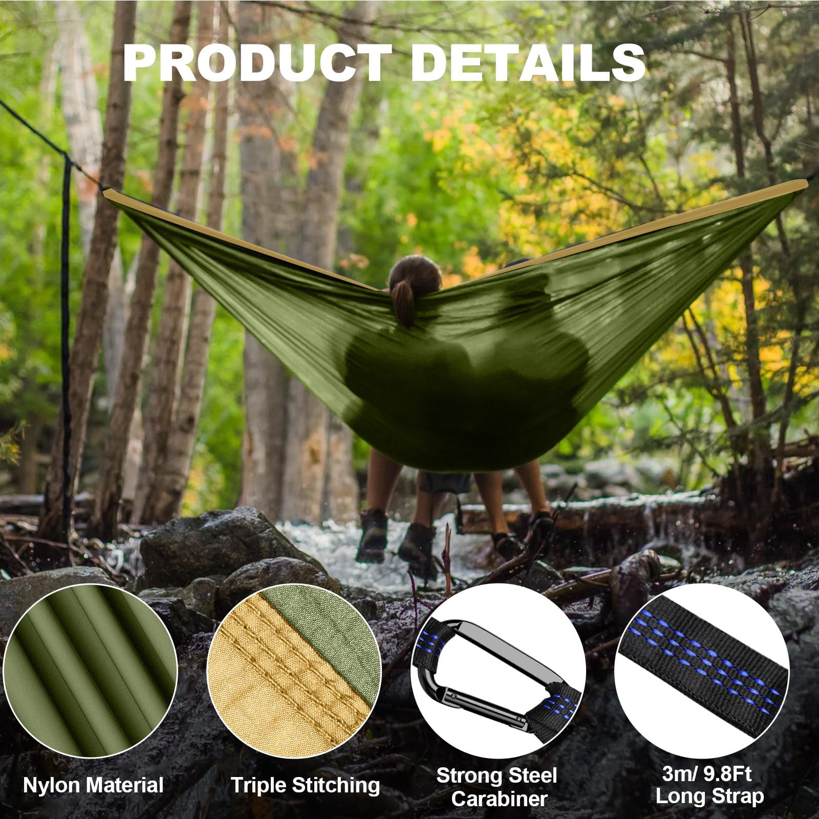 Double Camping Hammock - Outdoor Portable Nylon Hammock with 402lbs Capacity, Perfect for Camping, Hiking, and Travel,Green