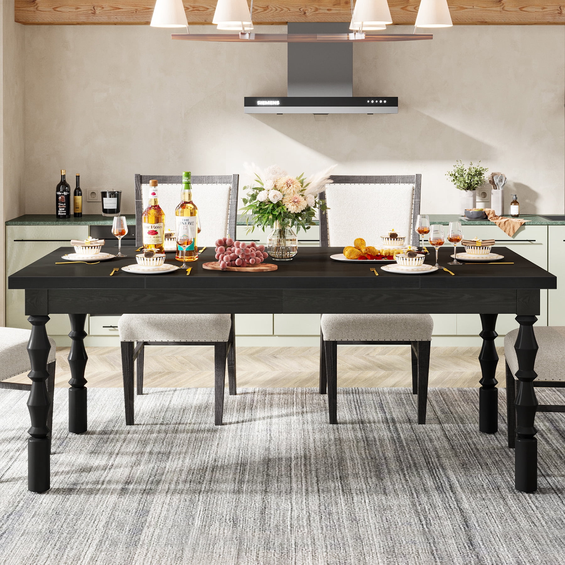 Tribesigns Dining Table, 62 in. Large Farmhouse Kitchen Table for 4-6, Rectangle Dinner Table Breakfast Table Kitchen & Dining Room Furniture with Carved Turned Legs