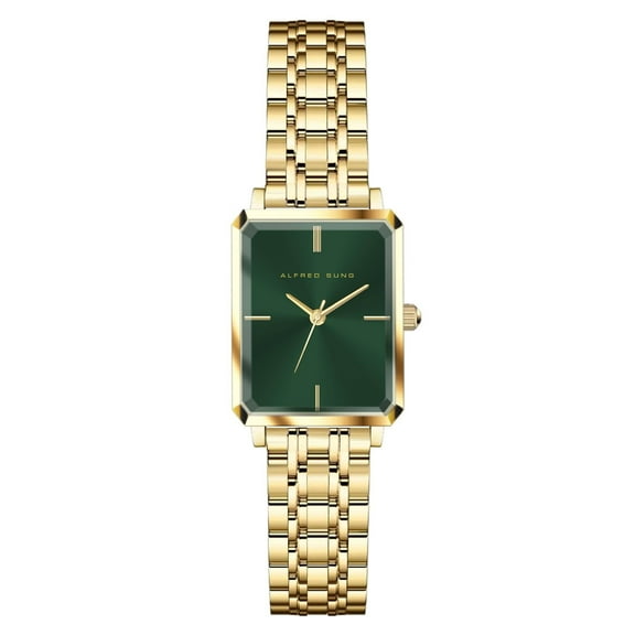 Alfred Sung Ladies Octavia Gold Green Sunray Dial Link Watch