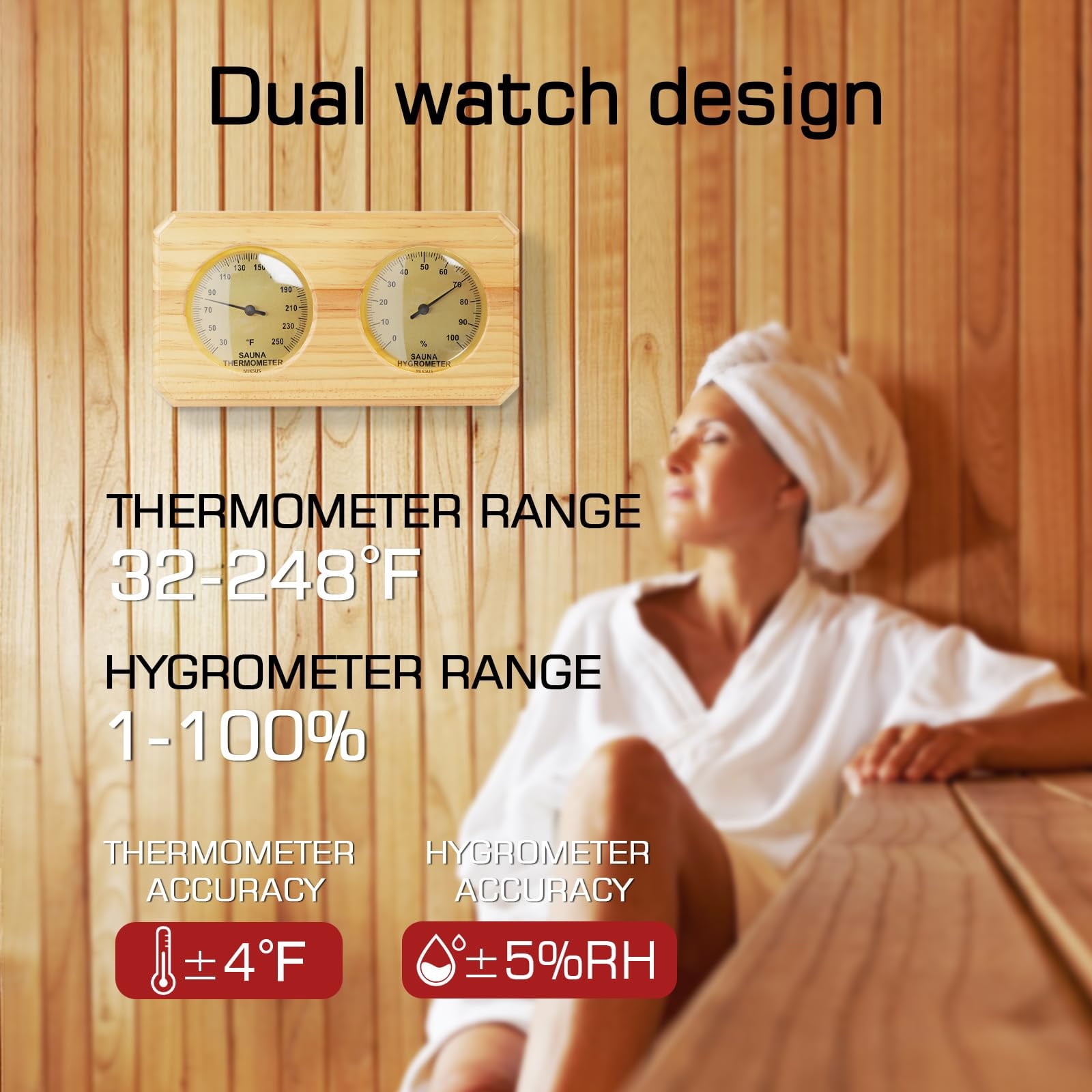 Heat Immune Wooden Hygrometer Thermograph Combo Horizontal Plan °F Reading For Steambath Bathroom