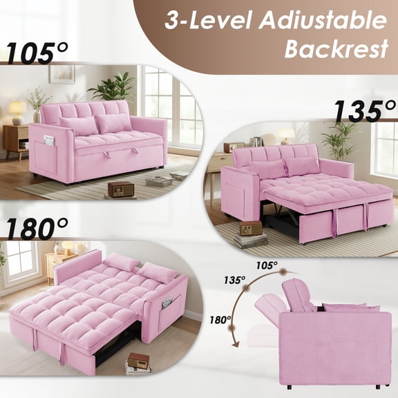 AISWORD 54" 3 in 1 Convertible Sleeper Sofa Bed, Pull Out Loveseat Couch with Storage Pocket, Pink