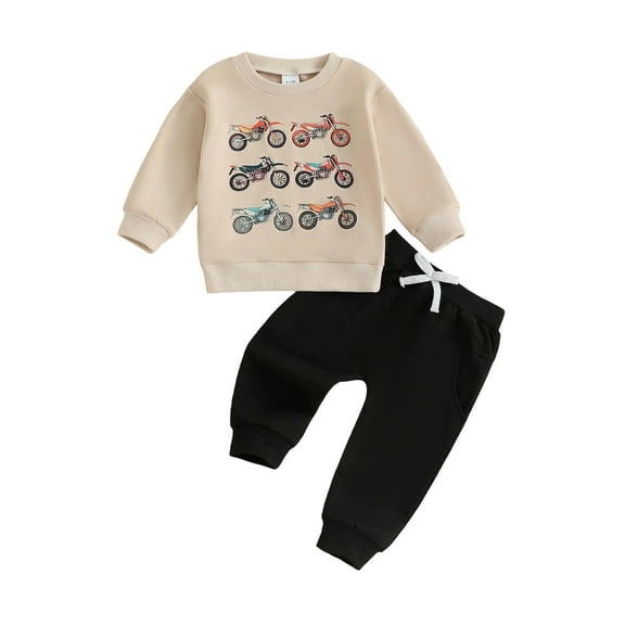 Kids Toddler Baby Boy 2Pcs Fall Outfit Long Sleeve Motorcycle Print Sweatshirt Trousers Set Toddler Clothes