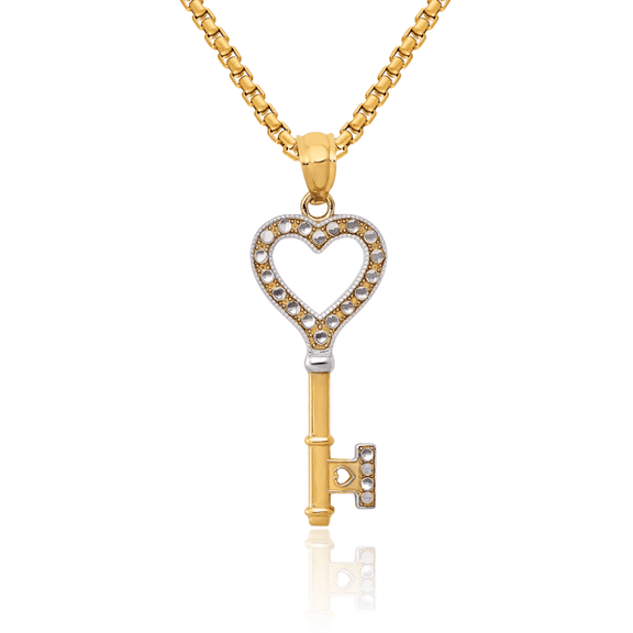 14K Solid Two Tone Yellow White Gold Heart Key Necklace Chain Pendant Charm