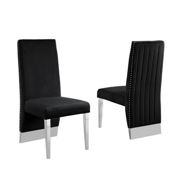 Black Tufted Velvet Accent Side Chairs with Silver Chrome Detailing (Set of 2)