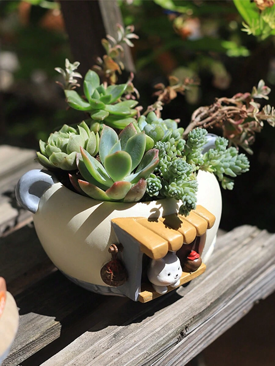 1pc Creative Cartoon Cute Pet Shaped Resin Flower Pot, Mini Landscape Gardening Planter For Office And Balcony Decoration