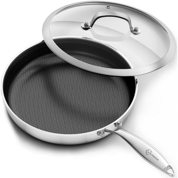 LOLYKITCH Tri-Ply Hybrid Non-Stick Frying Pan with Lid,12 inch Skillet,Induction Cooking Pan,Dishwasher and Oven Safe,Detachable Handle.