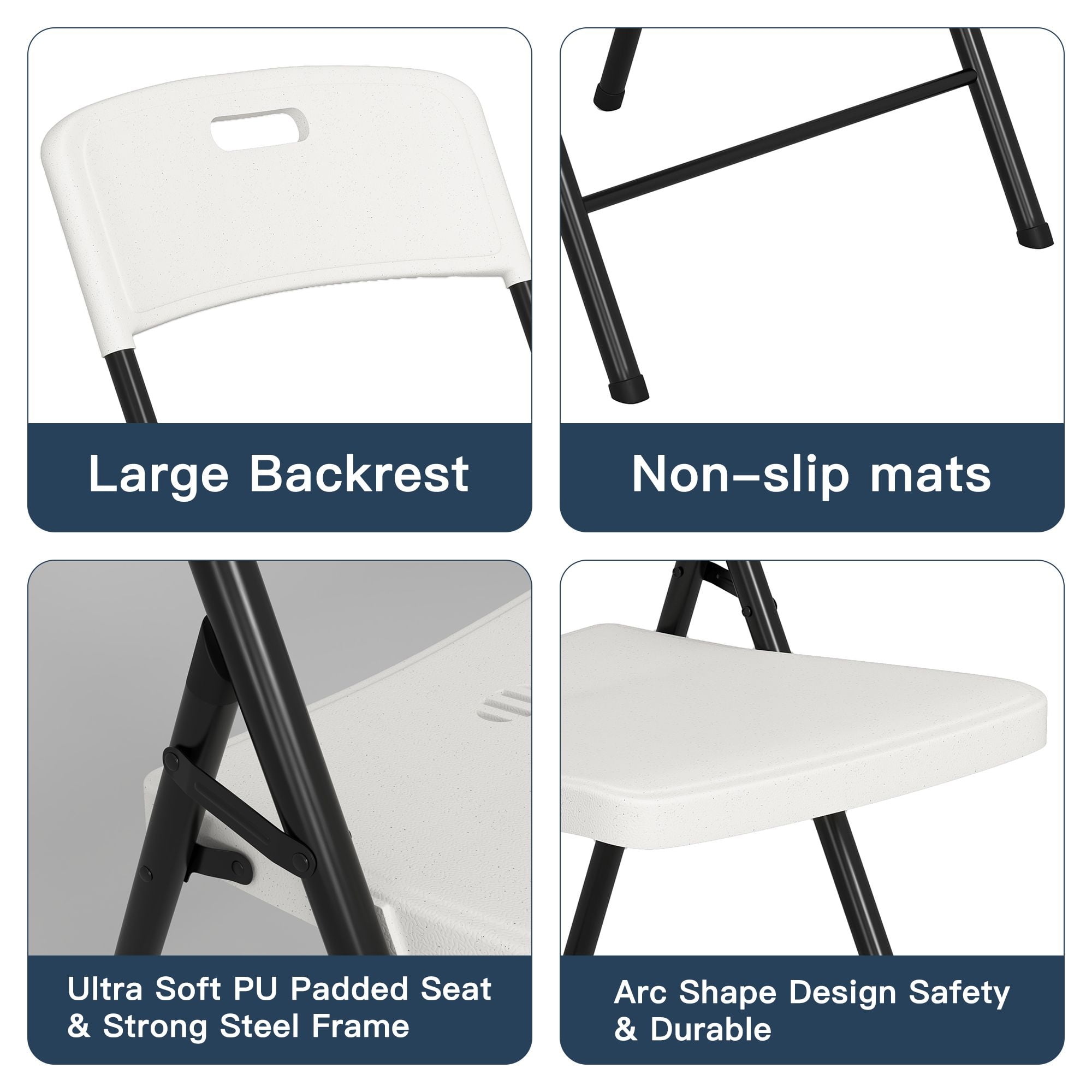 Demi Bonn 4 Pack Folding Chairs, Foldable Chair Portable Plastic Seat with Steel Frame for Indoor Outdoor Dinning Party Wedding School Use, White