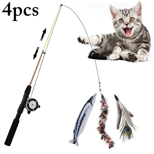 4PCS Fishing Rod Cat Toy Set Interactive Fish Kitten Toy Fake Feather Cat Toys