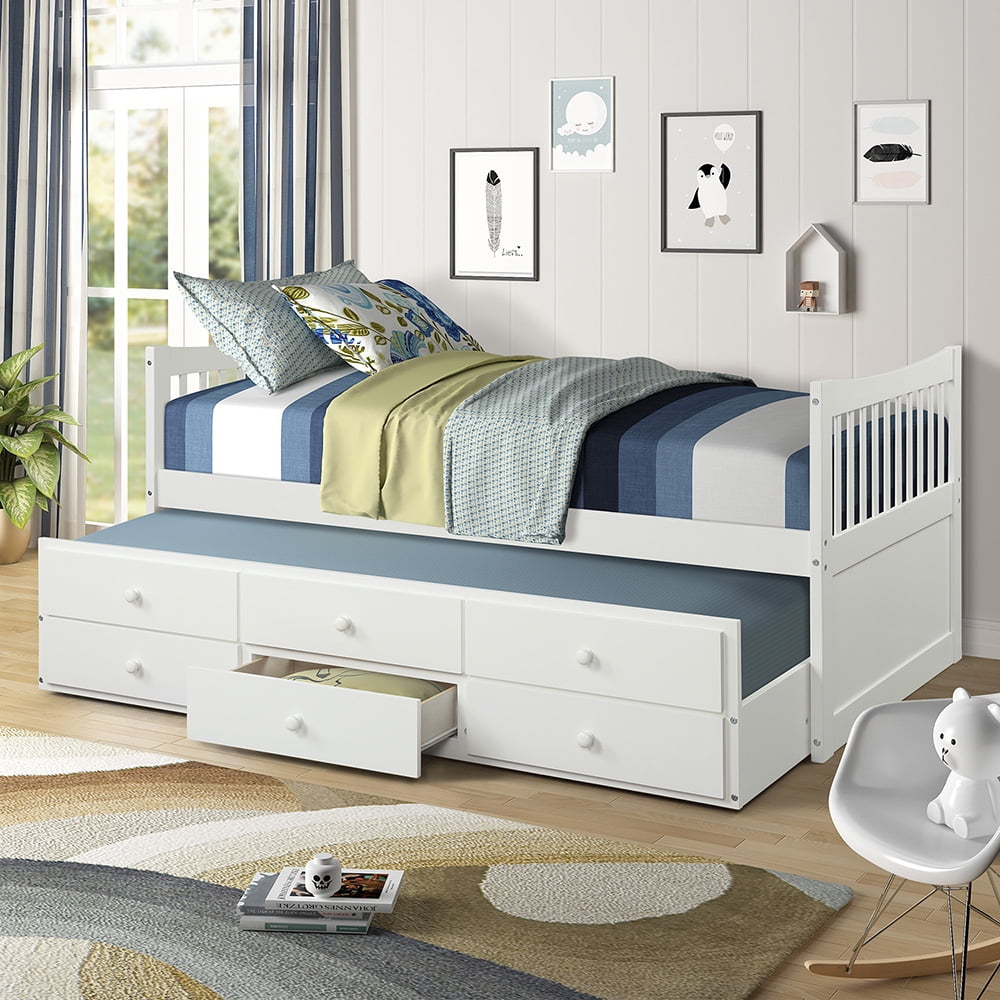 Private Jungle Twin Size Beds with Trundle and 3 Storage Drawers, White