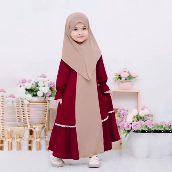 CPNG Kid Baby Girls Prayer Dress Muslim Two Piece Traditional Robe Prayer Dress Clothes for Toddler Long Sleeve Abaya with Hijab Set Red