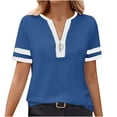 thumbnail image 6 of Fesfesfes Women's Summer T-Shirt Leisure Short Sleeve Contrast Stripe Collar Cuffs V-neck Tops Trendy Breathable Daily Wearing Blouses(Blue,2XL), 6 of 8