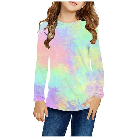 

HAOTAGS Multi-color Tie Dye Toddler for Girls Boys unisex T-shirts Graphic tees Long Sleeve Crew Neck Casual Fall Pullover Top Multicolor 4 T