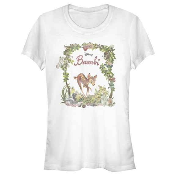 Junior's Bambi Floral Arch and Forest Friends  Graphic Tee White Large