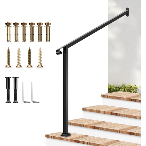 VIVOSUN Outdoor Handrail, 4 Step Stair Handrail, 47.5" x 39" Fits 1 to 4 Steps, Wrought Mattle Iron Stair Railing with Single Curved End for Concrete Steps, Porch Steps, One-Step Assembly, Black
