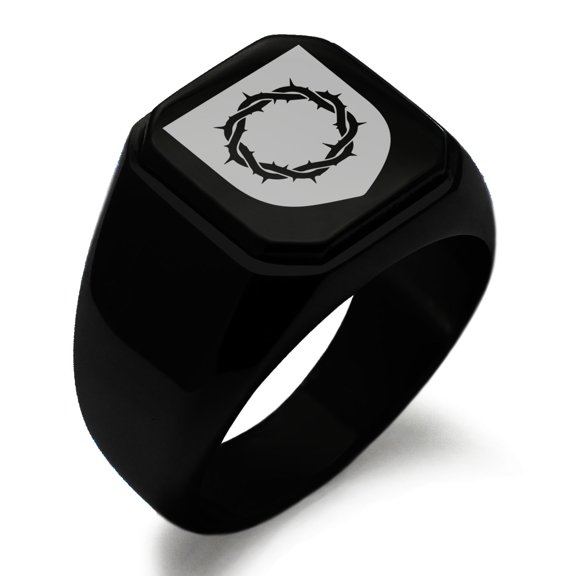 Stainless Steel Crown of Thorns Adversity Coat of Arms Shield Engraved Square Flat Top Biker Style Polished Signet Ring