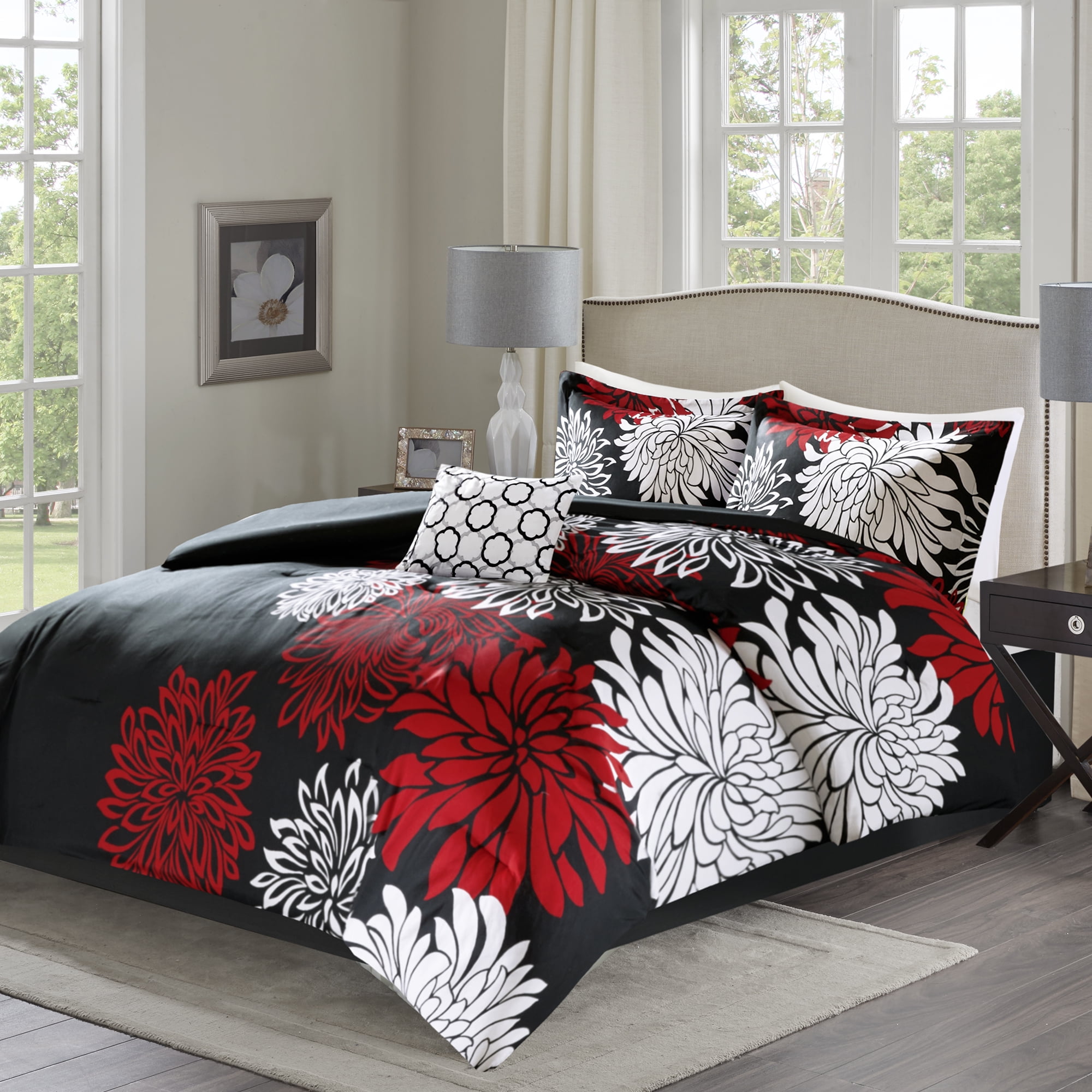 Fl Printed Comforter Set, Black And Red Bedding Sets King