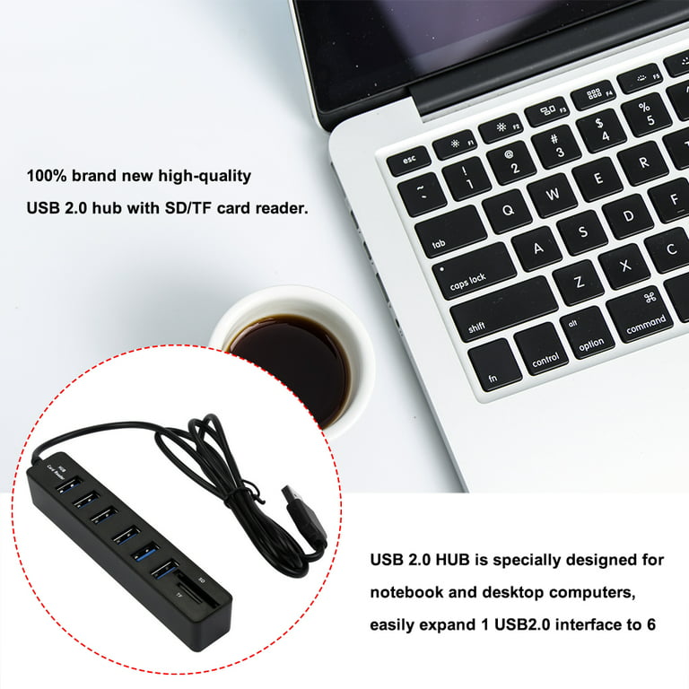 TureClos Cable Hub USB 2.0 6 Ports Wire Splitter High-speed Computer Power  Cord Adapter with TF SD Card Reader, Black
