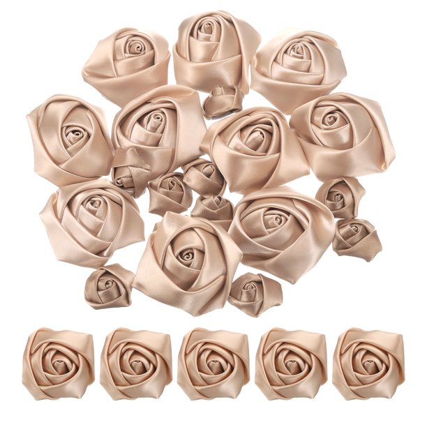 20 piezas 2 tamaños rosas de cinta de satén 2.5cm/5cm rosas de cinta de telas artificiales para accesorios de manualidades (caqui)