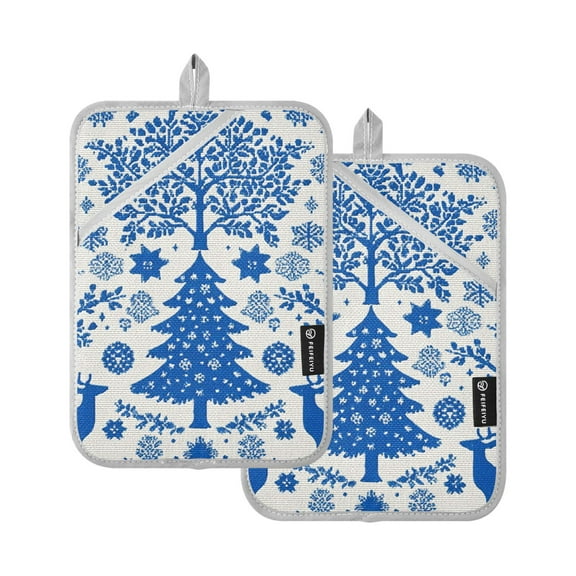 Blue Christmas Tree Reindeer Different Snowflake Potholders Heat Resistant Pot Holder Set of 2 Oven Hot Pads with Pocket
