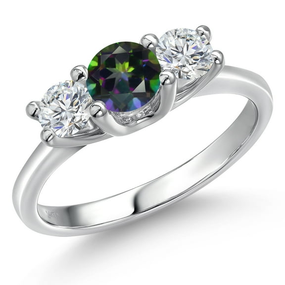 Gem Stone King 14K White Gold Green Mystic Topaz & White Lab Grown Diamond 3-Stone Engagement Ring | 1.09 Cttw | Round 5MM and 4MM | Three Stone Wedding Anniversary Promise Ring for Women (Size 9)