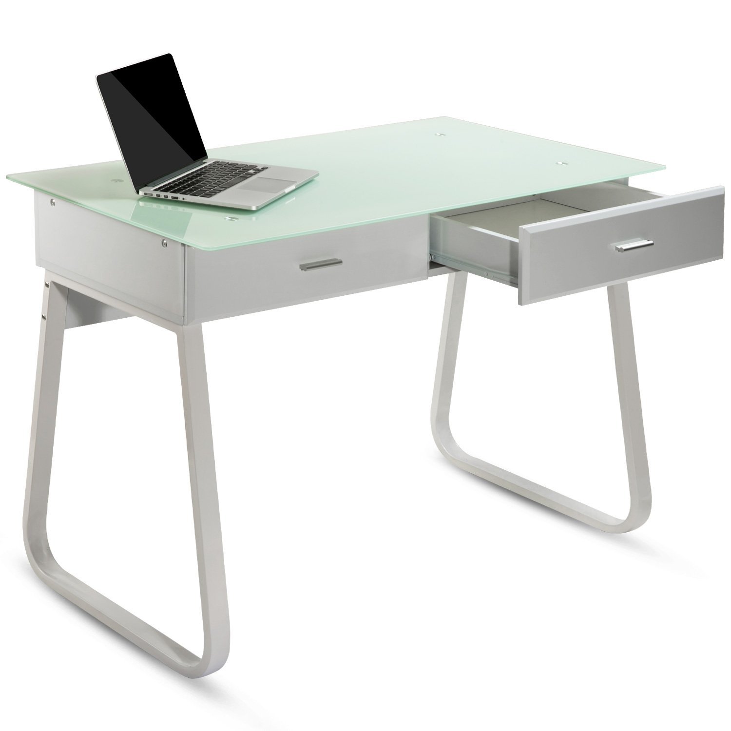Modern Luxe Home Office Computer Desk Table With Glass Top Metal Modern Luxe Home Office Computer Desk Table With Glass Top Metal Frame Mdf Board White