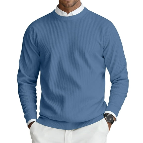 CharmCyan Men's Round Neck Long Sleeve Ribbed Knit Pullover Blue L