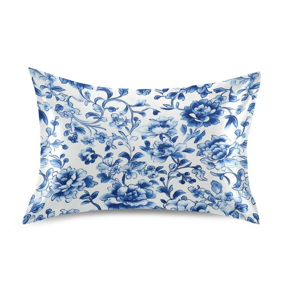 Satin Pillow Case Standard Silk Pillow Cover for Hair and Skin Envelope Closure Blue and White Porcelain Floral 20"x26"