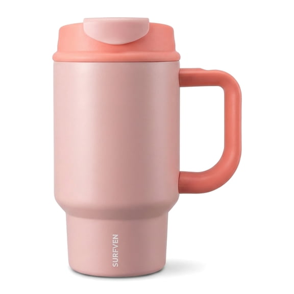 SURFVEN 24oz Double Wall Stainless Steel Insulated Tumbler with Handle and 2-in-1 Lid, Pink