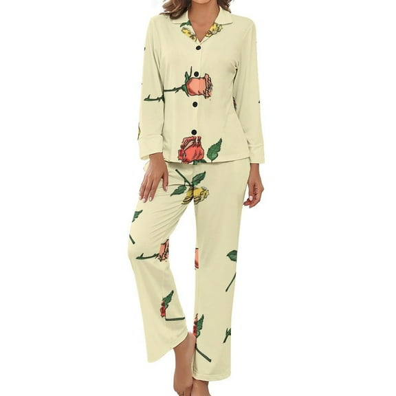 Rose Pattern Women's Long Sleeve Flannel Pajama Set Sleepwear S