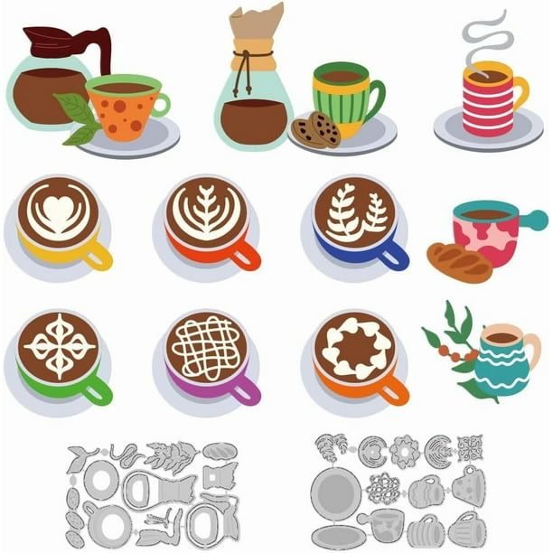 Troqueles para arte con café latte, troqueles para hacer tarjetas con forma de taza de café, plantillas para troqueles de metal, troqueles para tarjetas, álbumes de recortes, plantillas para repujado.