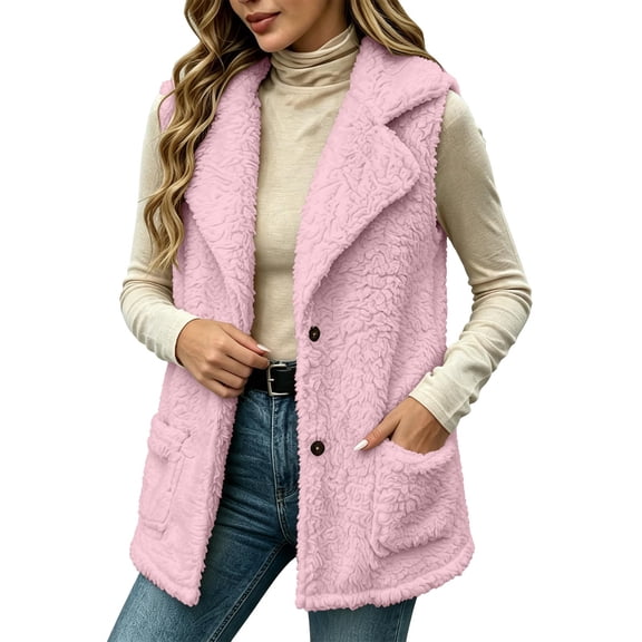 LUVDA Fleece Lapel Vest for Women - Button Up Sleeveless Warm Jacket with Pockets for Casual Outdoor Fall Winter Layering