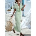 thumbnail image 5 of Women Summer V Neck Drawstring Maxi Dress Elastic Waist Flowy Vacation Dress Light Green S, 5 of 8