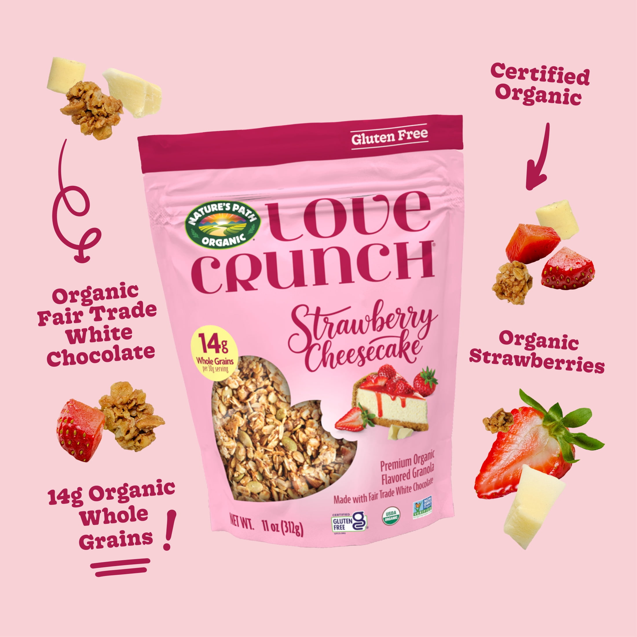 (5 pack) Love Crunch Organic Granola, Strawberry Cheesecake Gluten Free, 11oz Pouch