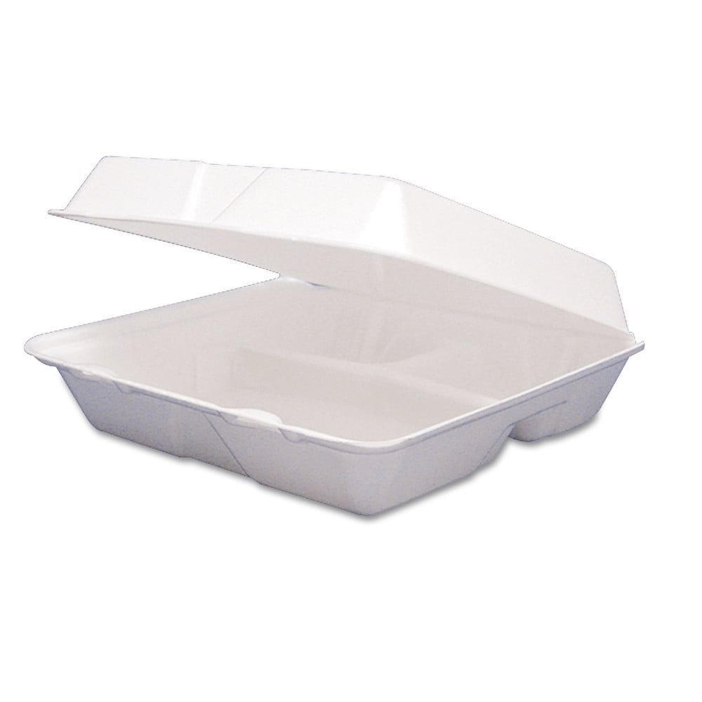 9"x9"x3" White Three Compartment Foam Container With Hinged Lid 50-Piece Pack 
