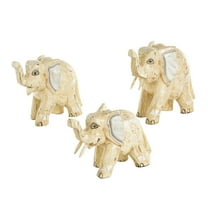 9", 8", 6"H Light Brown Wood Handmade Elephant Sculpture with Scroll and Floral Patterns, by DecMode (3 Count)