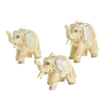 9", 8", 6"H Light Brown Wood Handmade Elephant Sculpture with Scroll and Floral Patterns, by DecMode (3 Count)