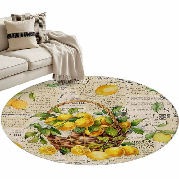 Summer Lemon Round Area Rug 4 FT, Non Slip Indoor Outdoor Rug, Watercolor Yellow Fruits Botanical Vintage Washable Soft Circular Carpet Non-Shedding Floor Mat for Coffee Table Nursery Foyer Balcony
