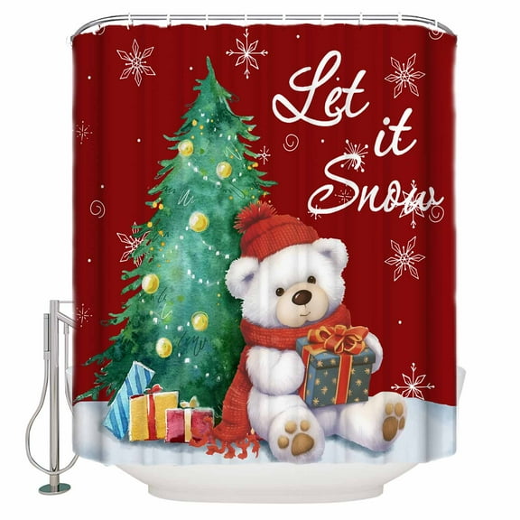 Extra Long Shower Curtain 72x96 Inch, Red Christmas Shower Curtain Waterproof Bathroom Decor Xmas Tree Bear Snowflake Watercolor Fabric Bath Curtain Set Accessories with Hooks