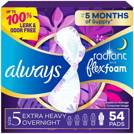 Always Radiant with Flex Foam Pads, Size 5, Extra Heavy Overnight, with Wings, 54 Count